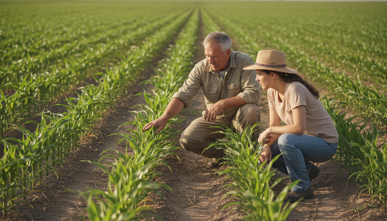 Farm consultant crouching with farmer in field, examining plant health and crop growth while discussing agricultural practices Farm consultant crouching with farmer in field, examining plant health and crop growth while discussing agricultural practices