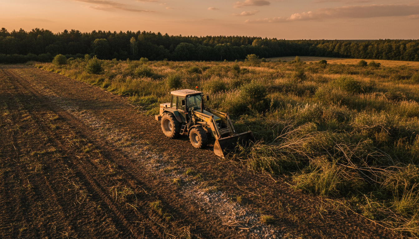 Yellow tractor with front-end loader clearing brush and debris from rural property during afternoon golden hour Yellow tractor with front-end loader clearing brush and debris from rural property during afternoon golden hour