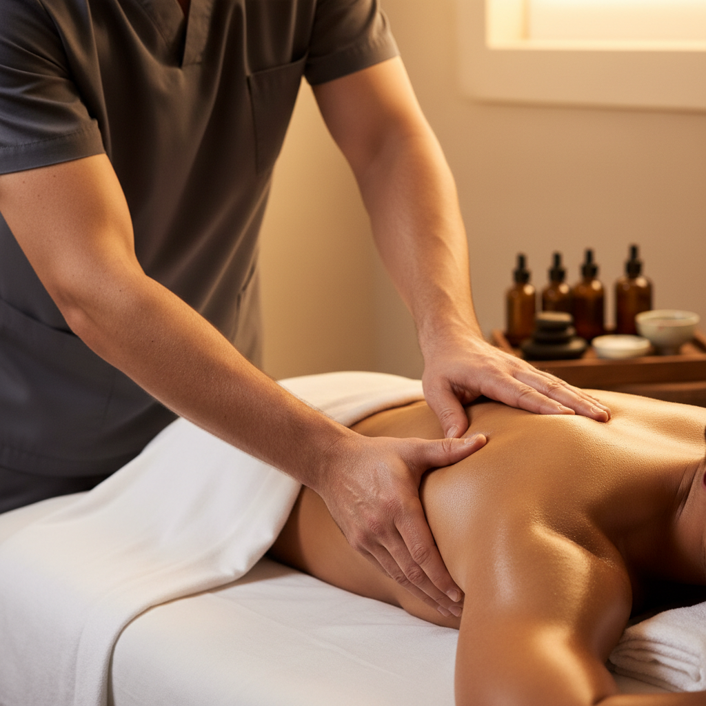 Professional massage therapist's hands performing deep-tissue massage on client's shoulders in warm spa lighting Professional massage therapist's hands performing deep-tissue massage on client's shoulders in warm spa lighting