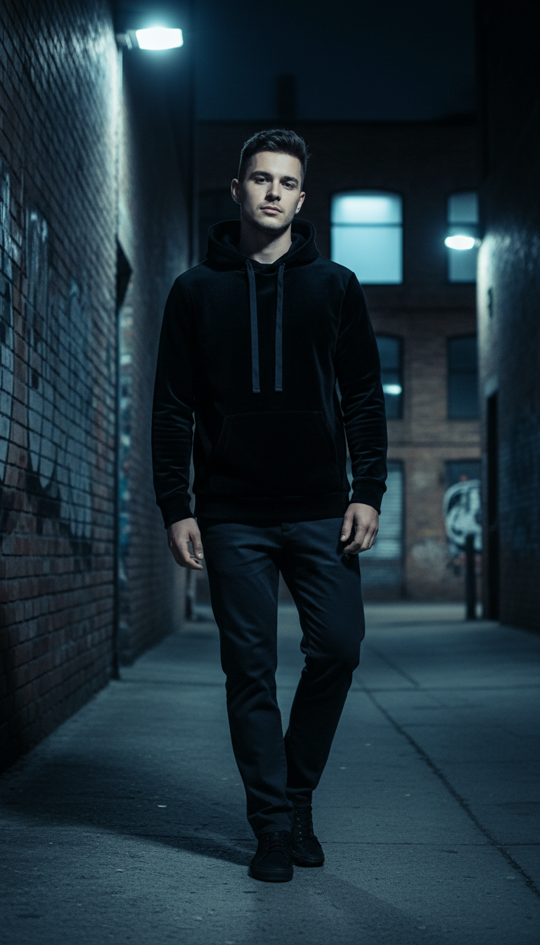 Hooded figure walking through a dark alley at night, representing the opportunistic cybercriminals targeting Liverpool residents and small businesses online