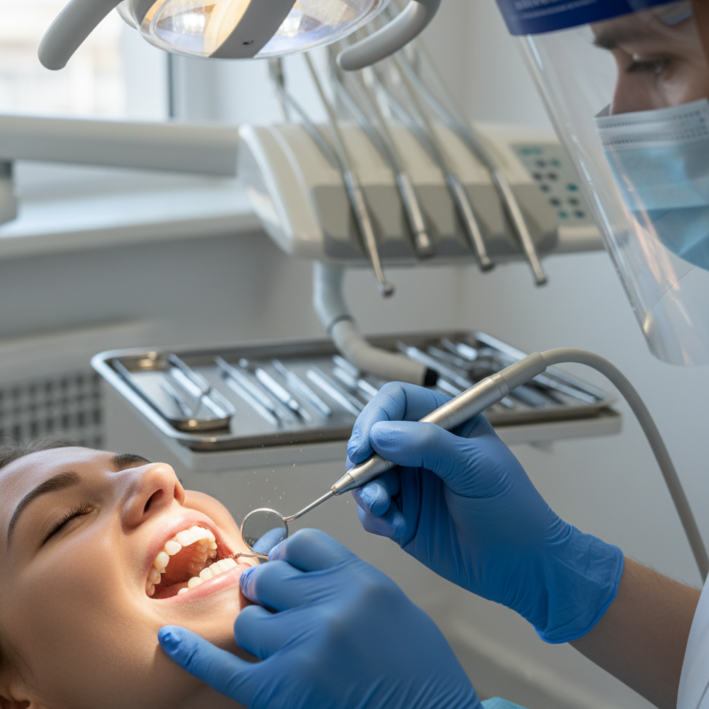 Dental hygienist's hands performing professional cleaning procedure with scaler tool under bright LED dental light