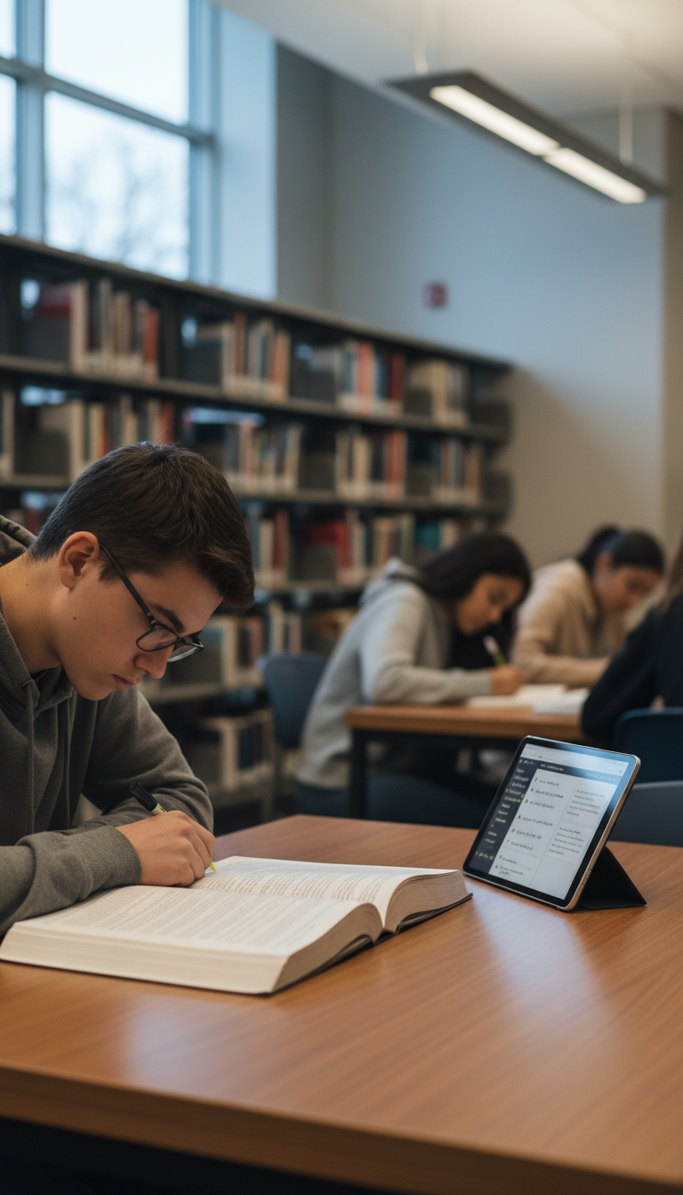 High school student concentrating on textbook with tablet for digital notes at library study table