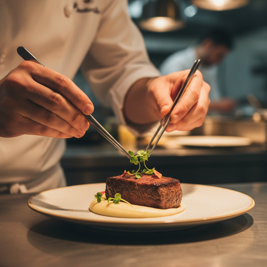 Chef's hands expertly plating a seared wagyu beef dish with microgreens and cream sauce in restaurant kitchen