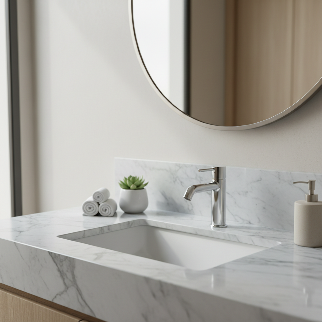 Upgrading to high-quality countertops and modern fixtures is a top-tier ROI move. A modern bathroom vanity with a white marble countertop and brushed nickel fixtures under bright studio lighting.