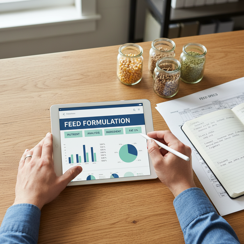 Nutritionist's hands analyzing feed formulation data on tablet with feed samples and documents on wooden desk
