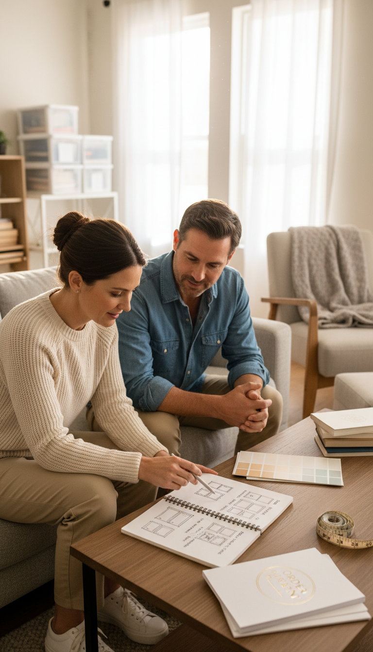 Professional home organizer consulting with homeowner reviewing organizational plans in a living room setting