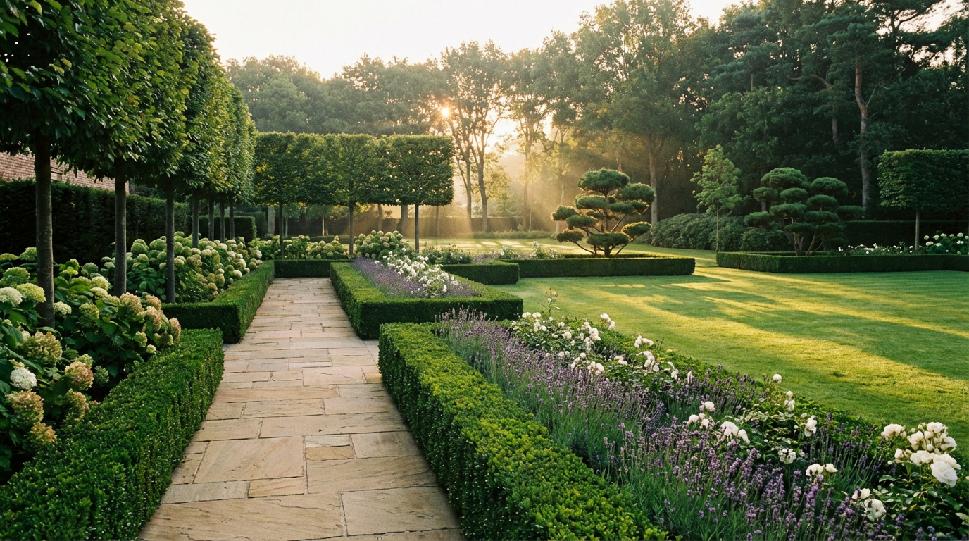 Manicured garden pathway at sunset with trimmed hedges, flowering borders, and golden afternoon light.