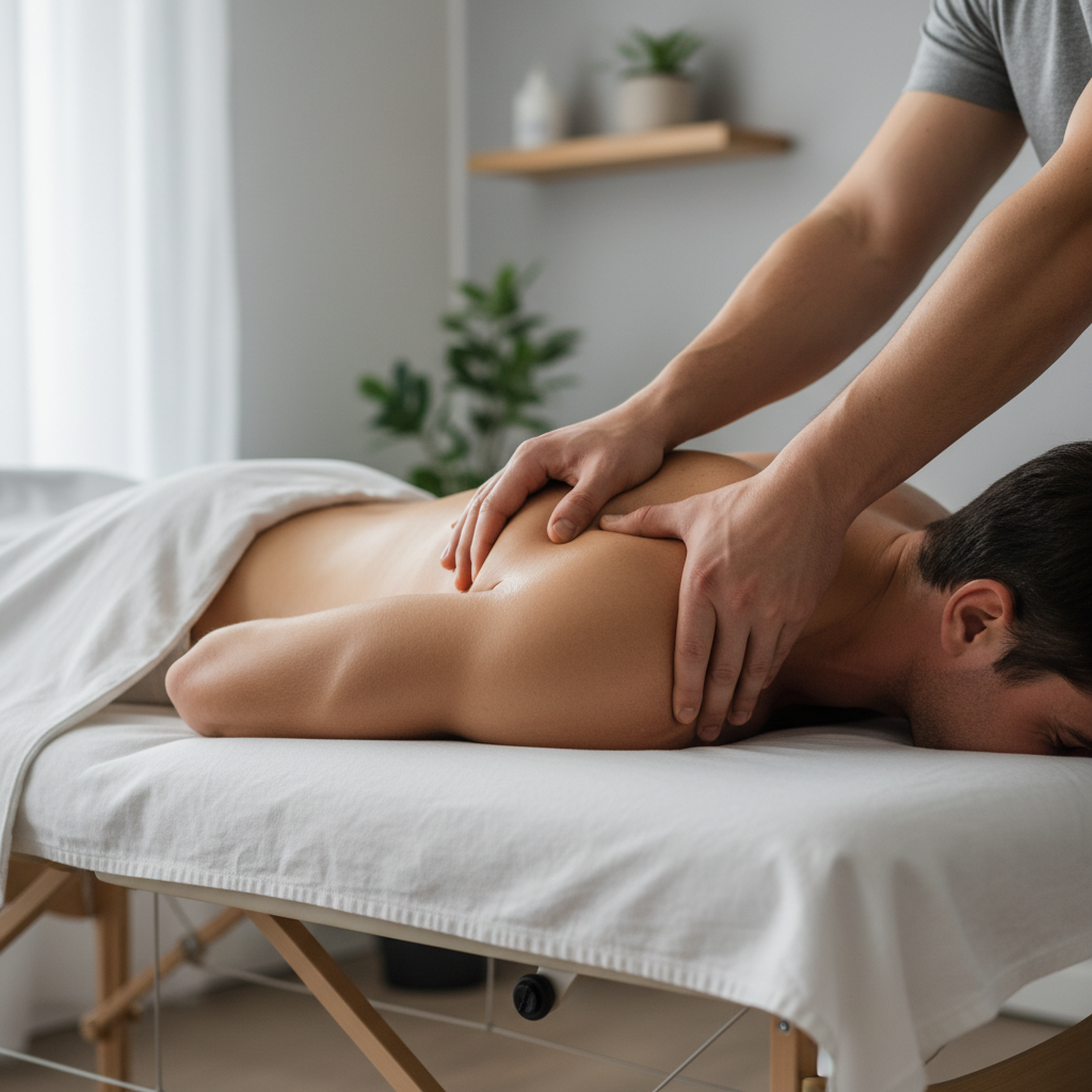 Massage therapist's hands performing deep tissue work on patient's shoulder and upper back with focused therapeutic pressure