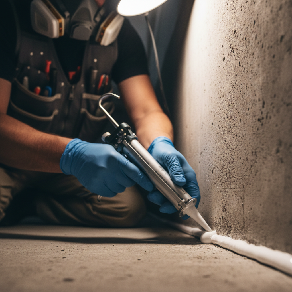 Technician's hands applying pest and waterproof sealant to wall corner with precision using caulking gun Technician's hands applying pest and waterproof sealant to wall corner with precision using caulking gun