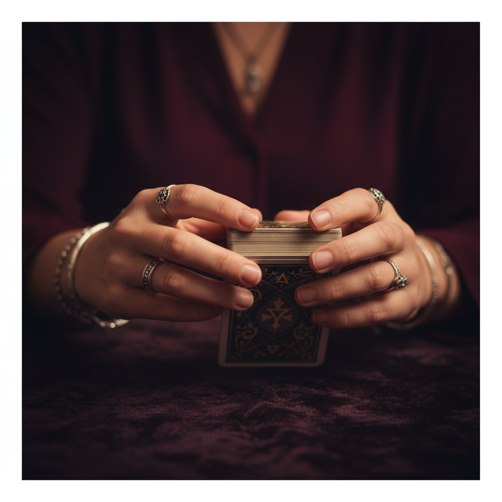 Close-up of spiritual practitioner's hands holding tarot cards by candlelight on dark velvet surface Close-up of spiritual practitioner's hands holding tarot cards by candlelight on dark velvet surface