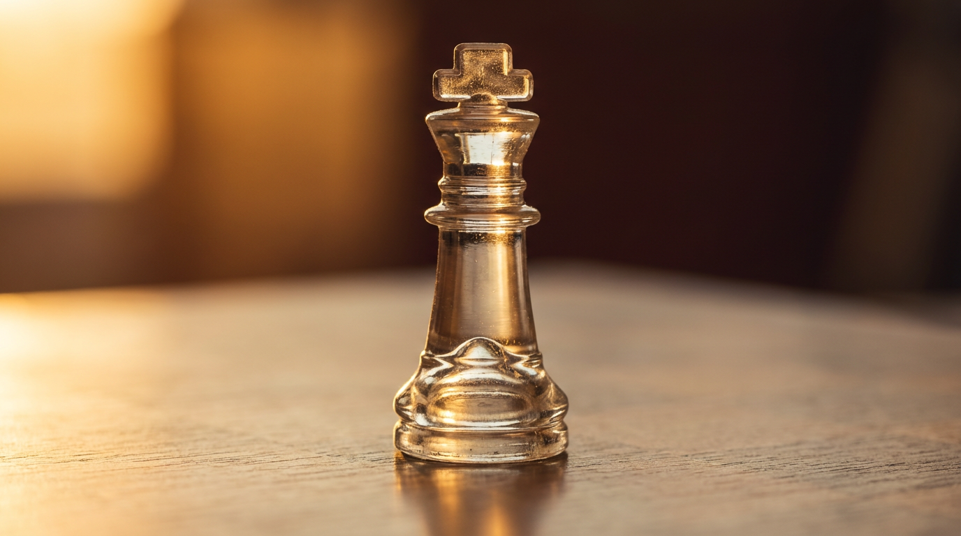 Leadership styles often dictate the difference between a market leader and a follower. A single chess king standing on a dark wooden surface with a blurred grid of pawns in the background.