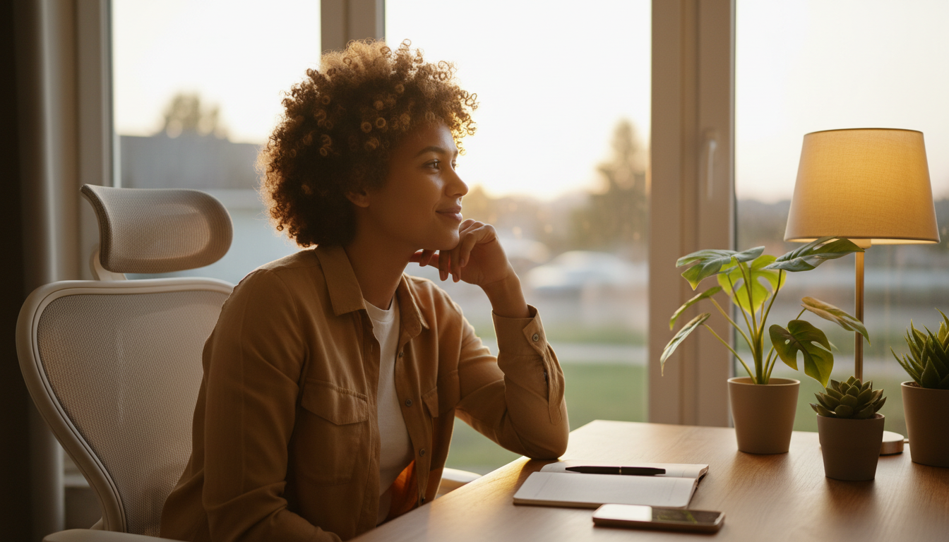 Person in comfortable home office reflecting peacefully with smartphone nearby, surrounded by plants and journaling materials in warm afternoon light Person in comfortable home office reflecting peacefully with smartphone nearby, surrounded by plants and journaling materials in warm afternoon light