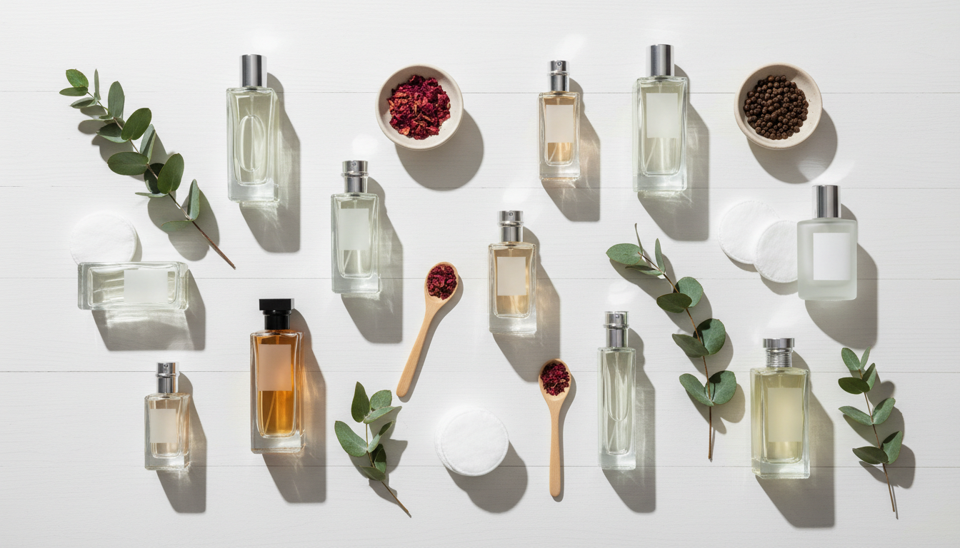 Curated collection of premium fragrance oil bottles arranged overhead with botanical elements on white wood surface Curated collection of premium fragrance oil bottles arranged overhead with botanical elements on white wood surface