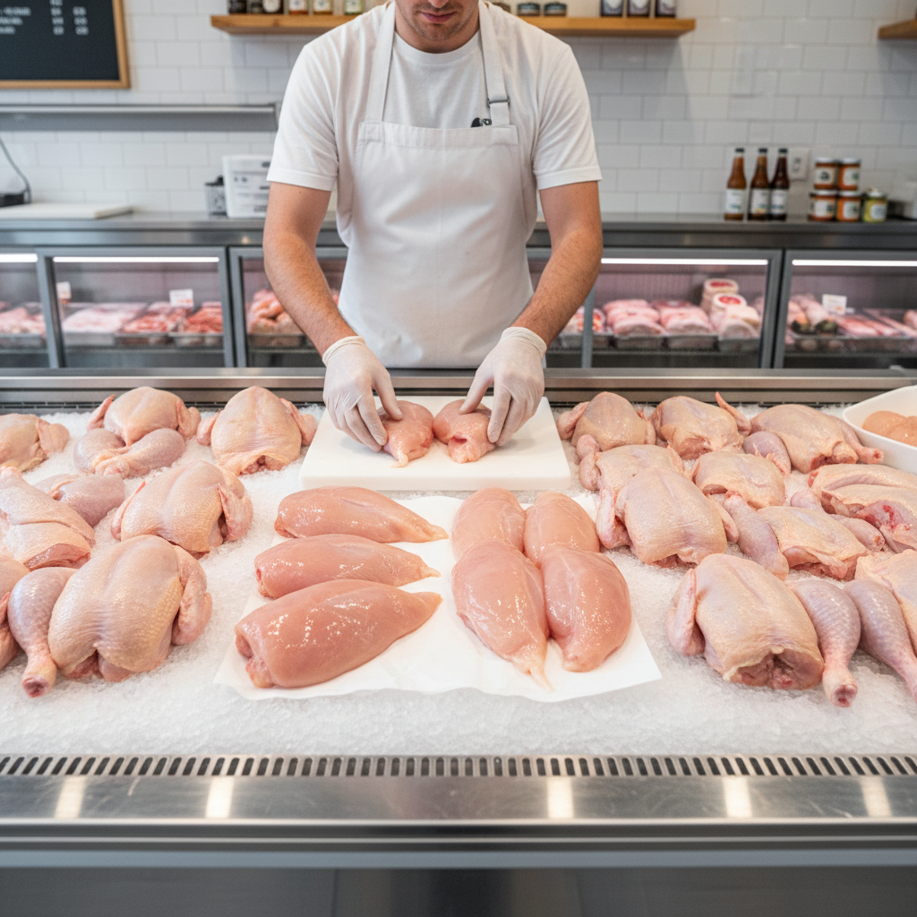 Butcher arranging fresh chicken cuts in refrigerated display case with ice and white paper Butcher arranging fresh chicken cuts in refrigerated display case with ice and white paper