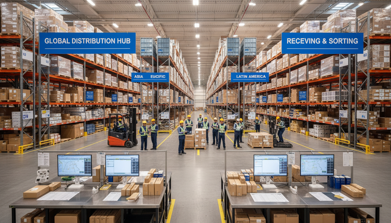 Modern warehouse interior with organized shelving, parcels, and diverse logistics team managing international shipments