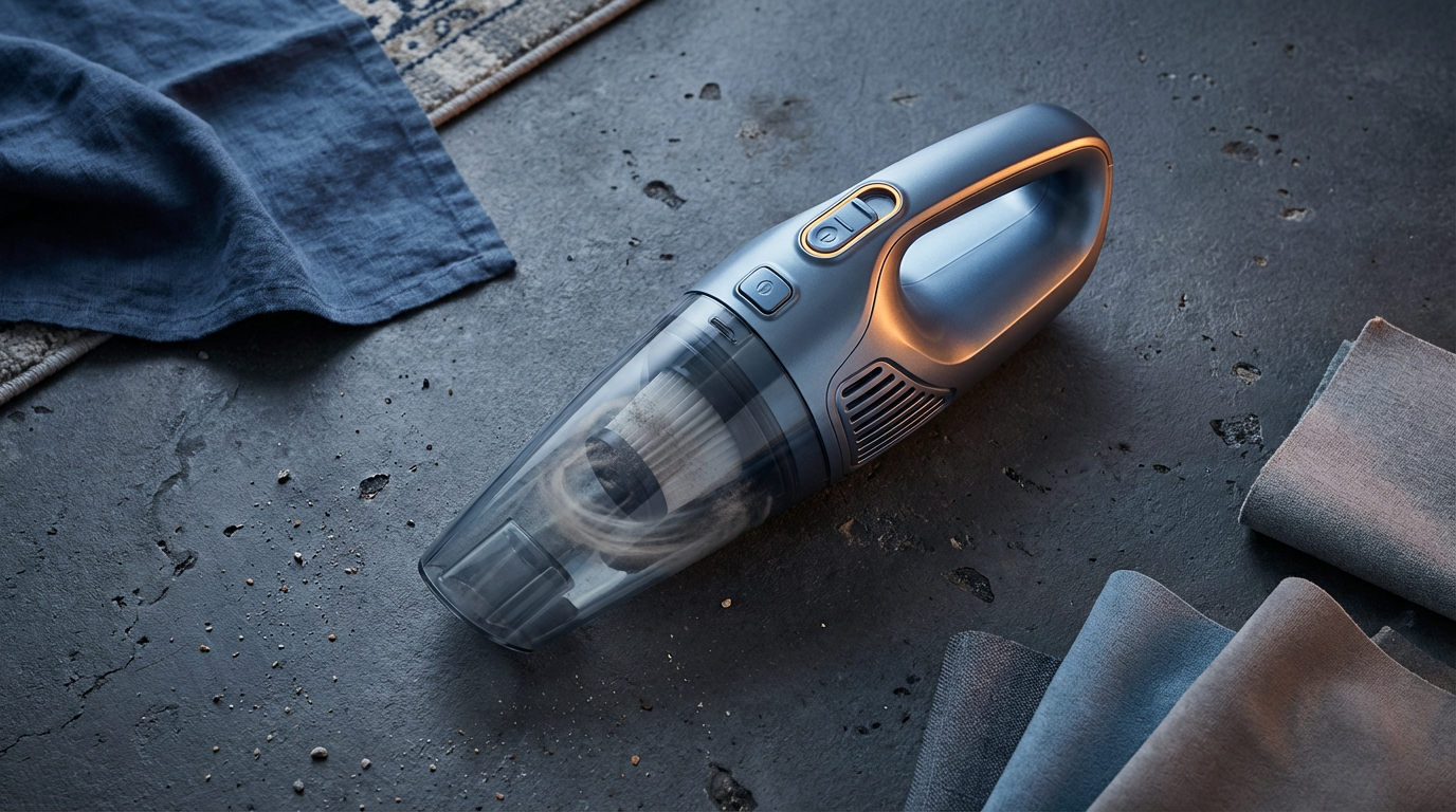 Overhead product shot of handheld vacuum with textile samples on concrete, moody studio lighting with warm rim light accents.
