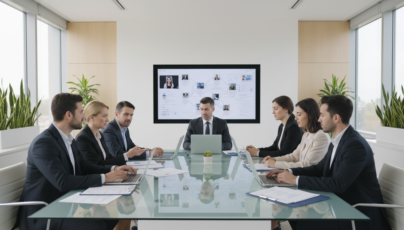 Diverse recruiting team reviewing candidate profiles and job matches around conference table in modern office