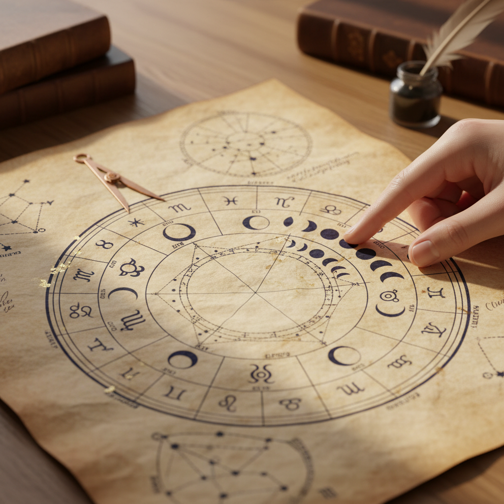 Close-up of ancient astrological chart with hand tracing celestial symbols and zodiac glyphs on parchment Close-up of ancient astrological chart with hand tracing celestial symbols and zodiac glyphs on parchment