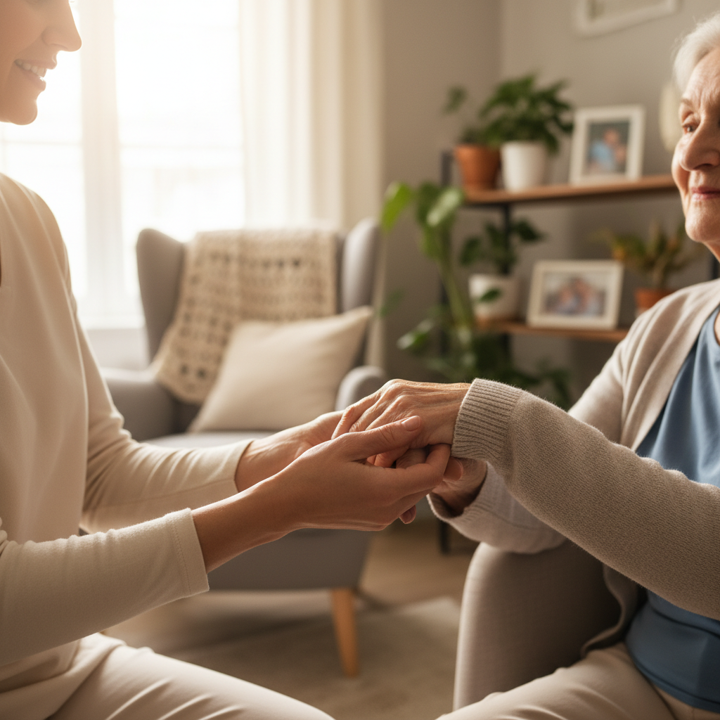 Caregiver's hands gently assisting elderly client with putting on sweater in bright, naturally lit home