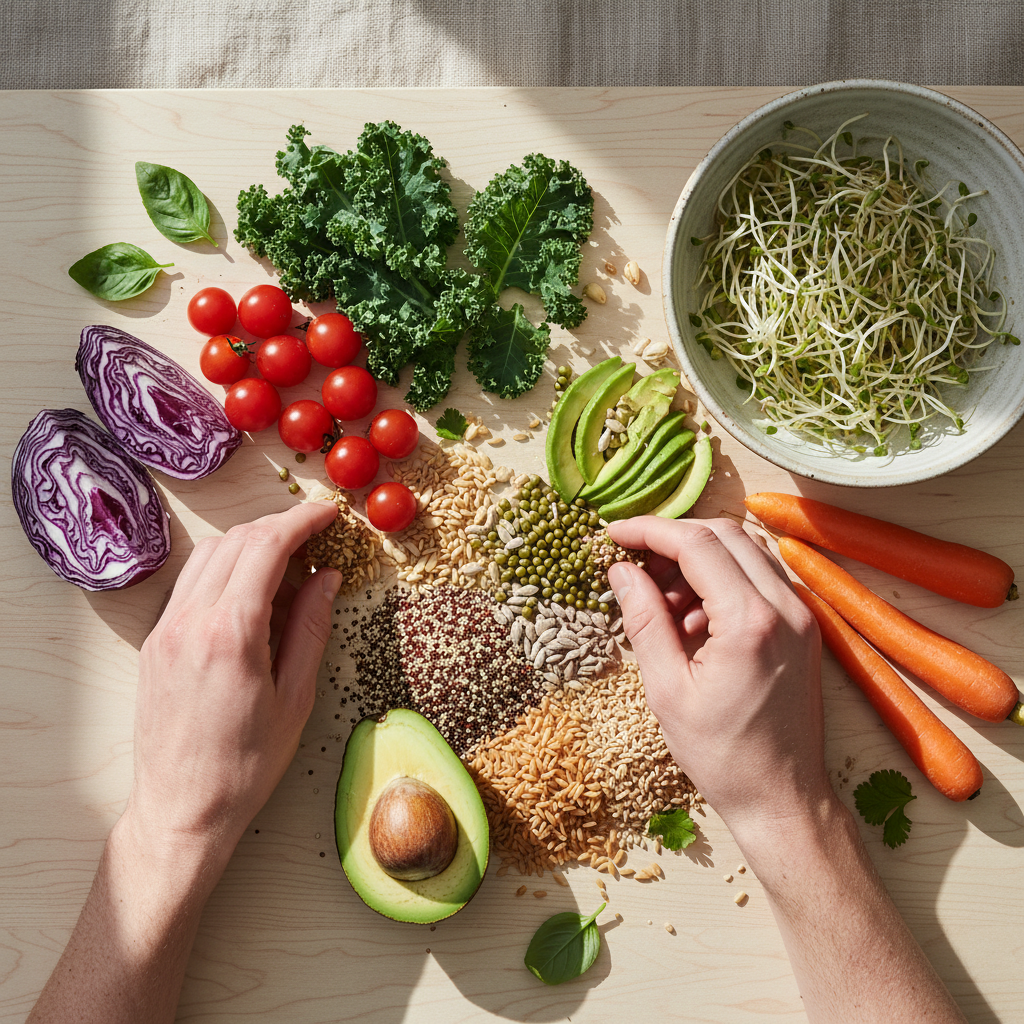 Overhead arrangement of fresh organic vegetables, sprouts, and whole grains on wooden surface with natural window lighting