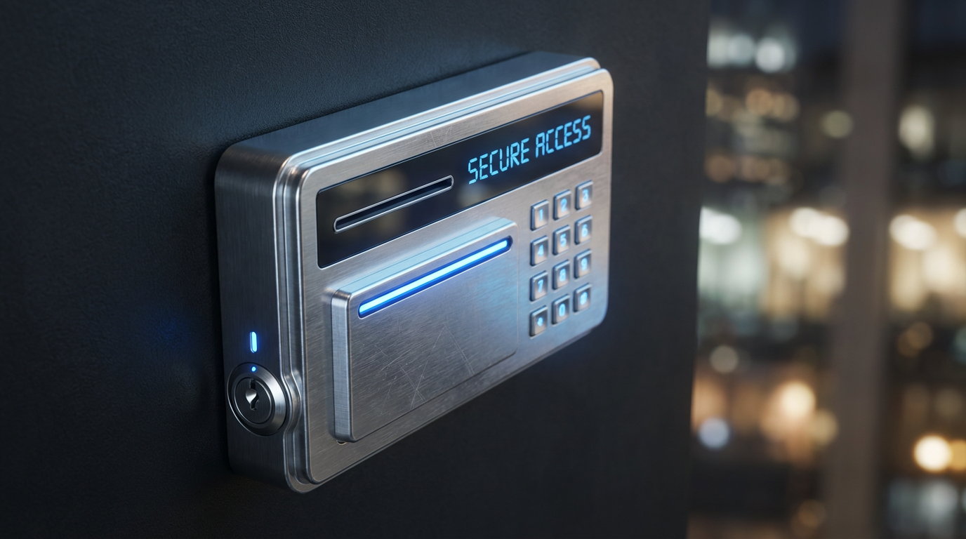Digital access codes allow you to track who enters the facility without the risk of lost keys. A modern electronic keypad installed on a heavy-duty industrial warehouse door for secure access control.