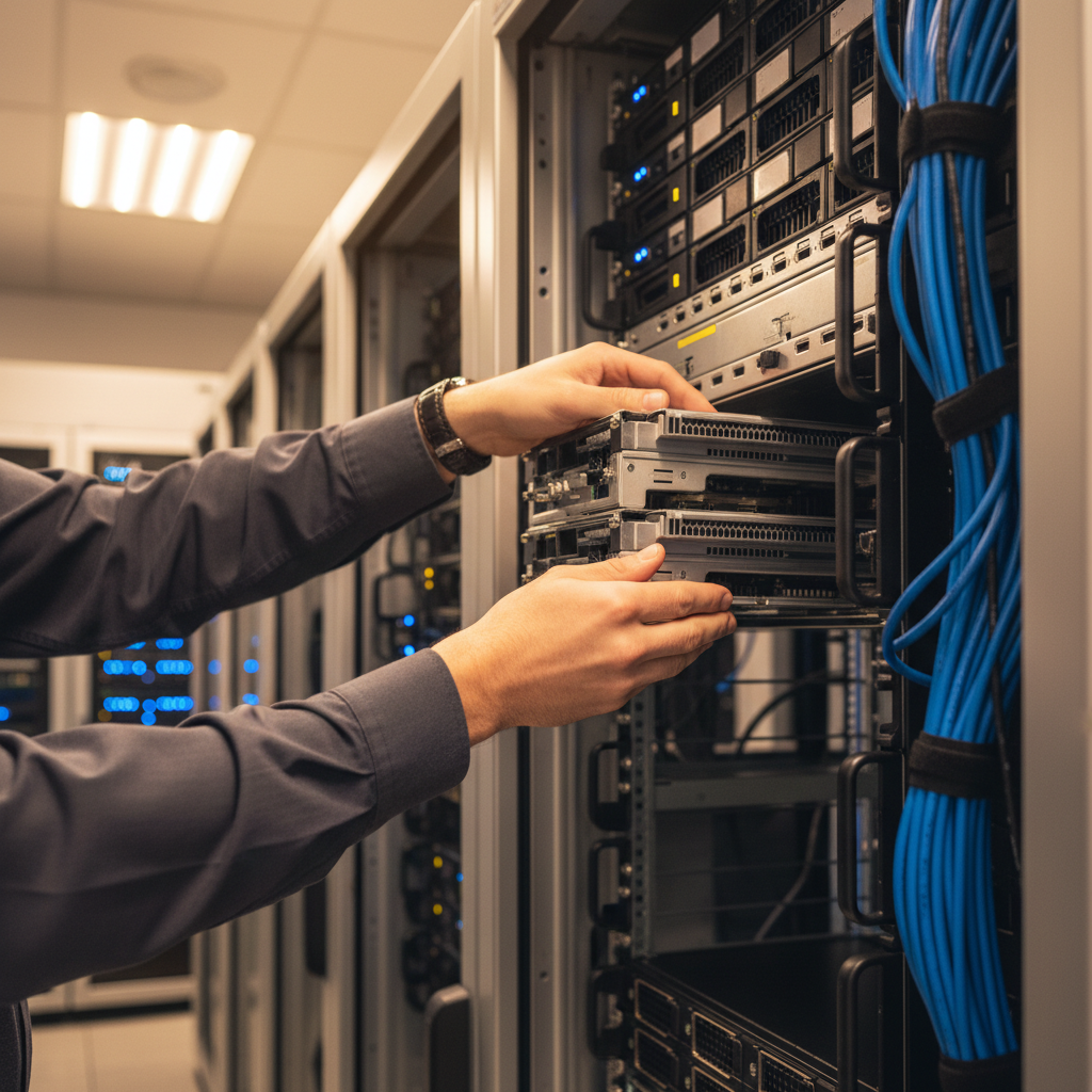 IT technician's hands installing server component into rack-mounted system in modern data center