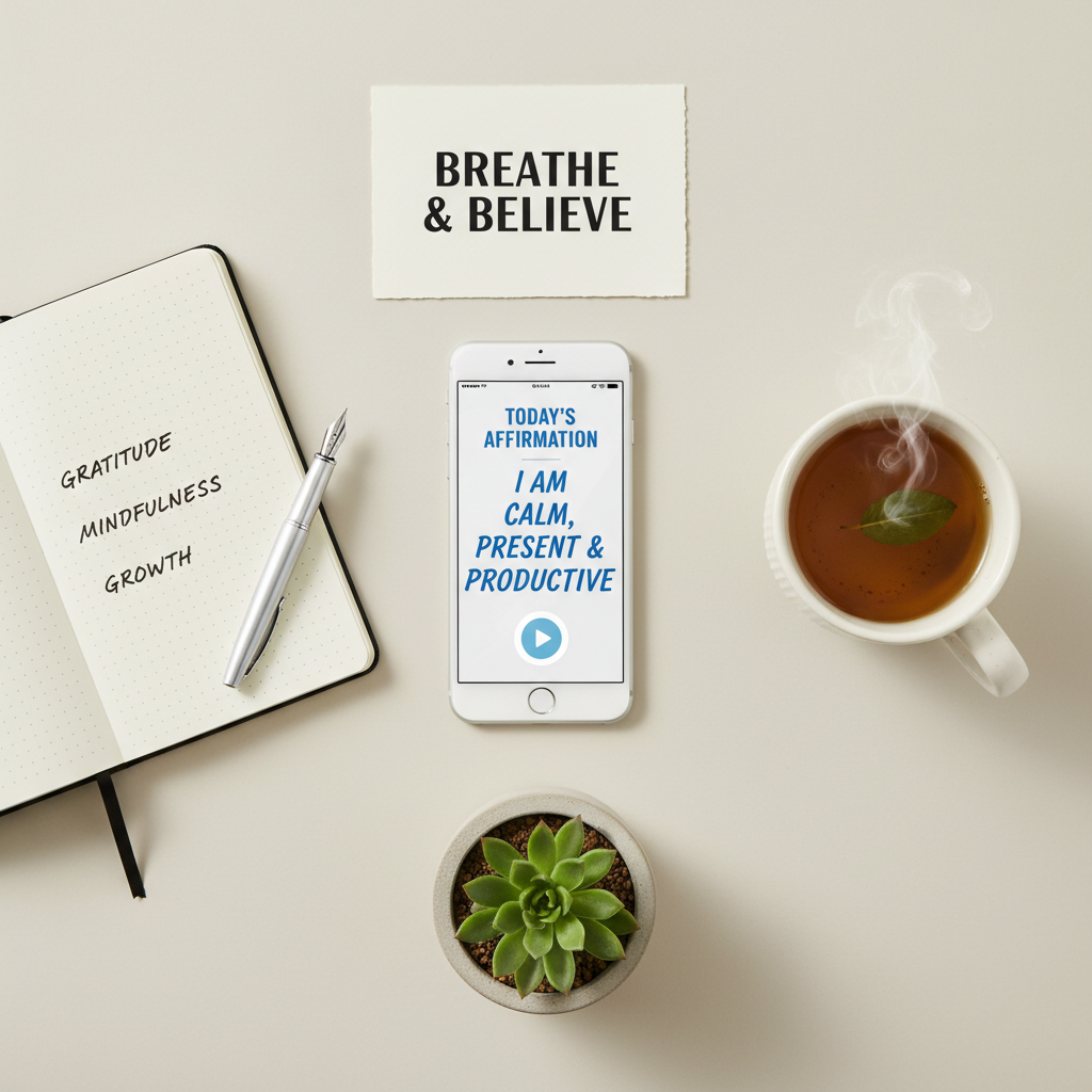 Overhead flat-lay of smartphone affirmation app surrounded by wellness items including journal, tea, and plant