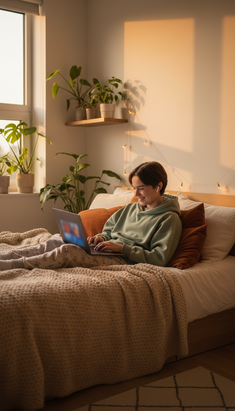 Teen relaxing on bed with laptop streaming entertainment, surrounded by cozy blankets and soft bedroom lighting
