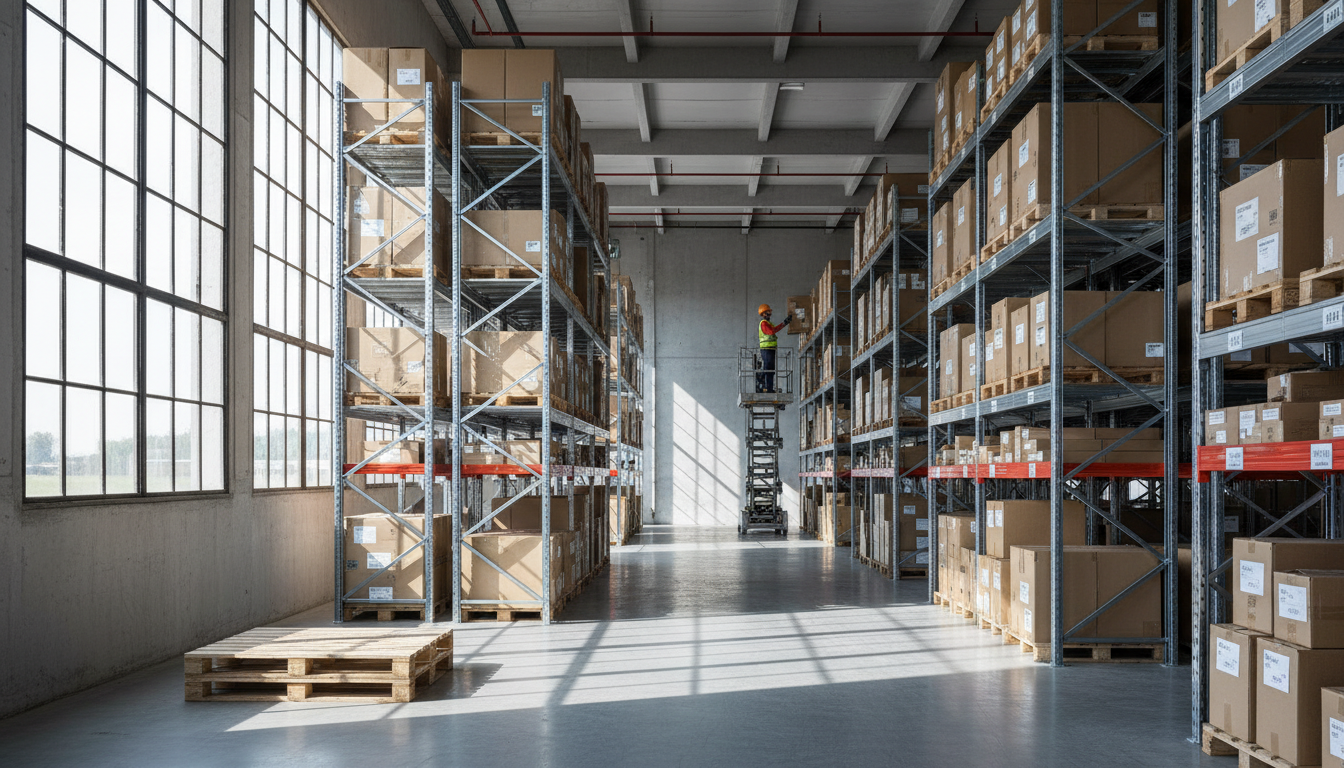 Modern warehouse facility with organized shelving stocked with replacement parts and inventory boxes