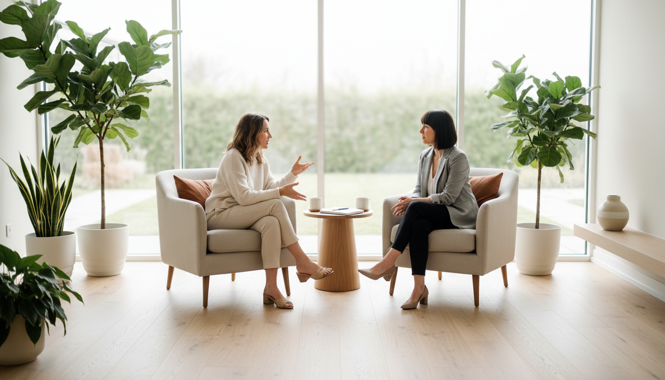 Two women engaged in supportive mentoring conversation in bright minimalist coaching space with natural window light Two women engaged in supportive mentoring conversation in bright minimalist coaching space with natural window light