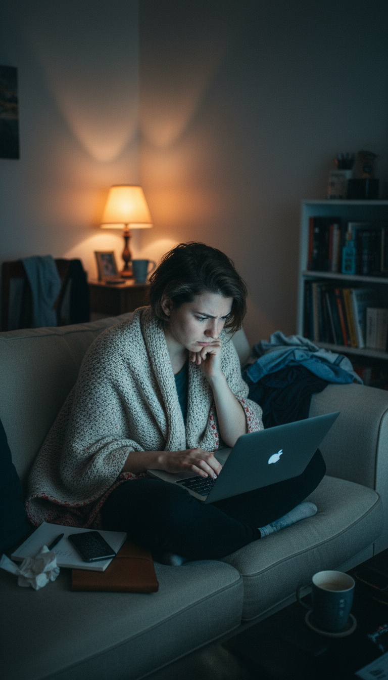 Person on couch with laptop illuminated by screen glow, showing fatigue and concentration in dim bedroom setting Person on couch with laptop illuminated by screen glow, showing fatigue and concentration in dim bedroom setting