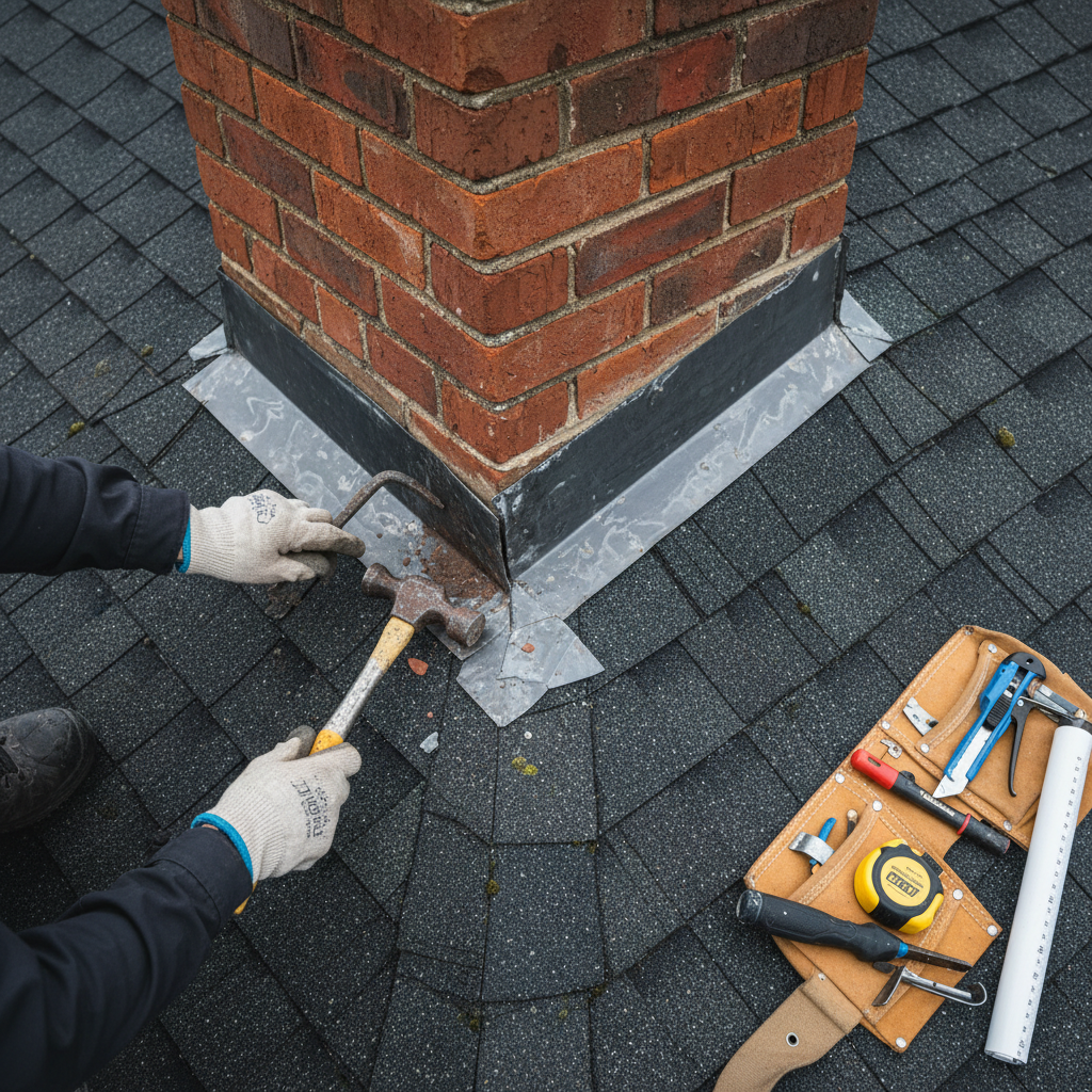 Experienced roofer's hands removing damaged flashing from residential chimney with specialized tools