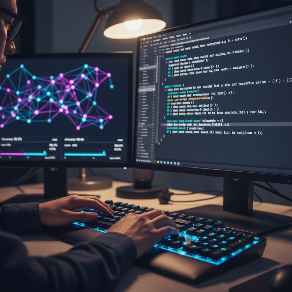 Developer hands coding on backlit keyboard with machine learning model architecture displayed on secondary monitor Developer hands coding on backlit keyboard with machine learning model architecture displayed on secondary monitor