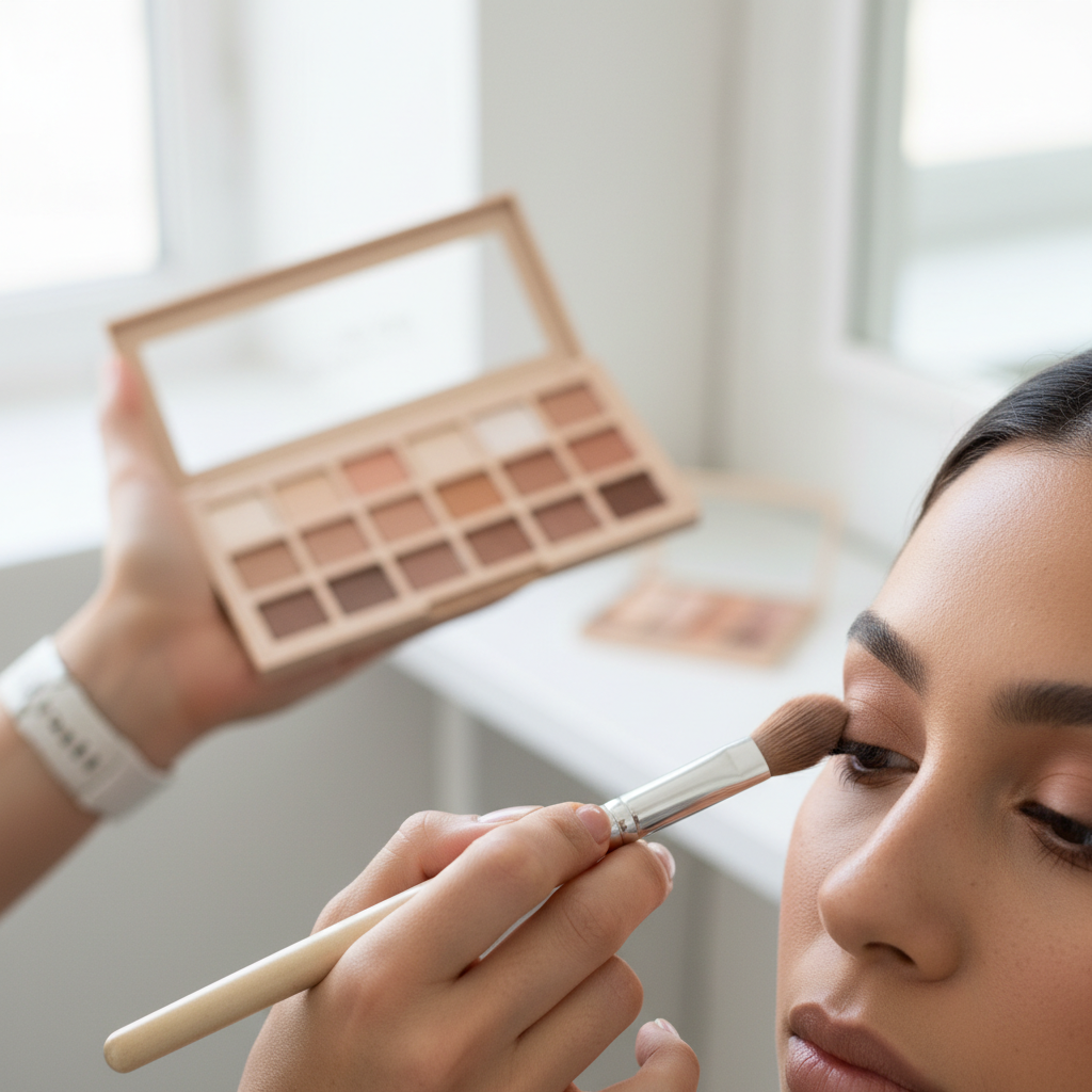 Makeup artist demonstrating eyeshadow blending technique on model's eye with professional brushes and natural window light Makeup artist demonstrating eyeshadow blending technique on model's eye with professional brushes and natural window light