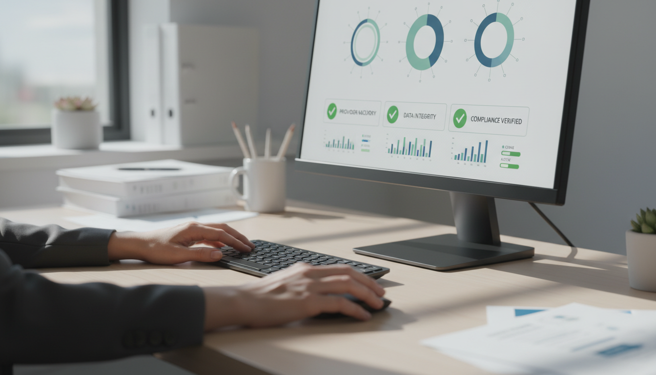Tracking the financial impact of review responses requires clear data and real-time monitoring. Medical practice administrator hands typing on a laptop showing a blurred dashboard with review notifications and graphs.