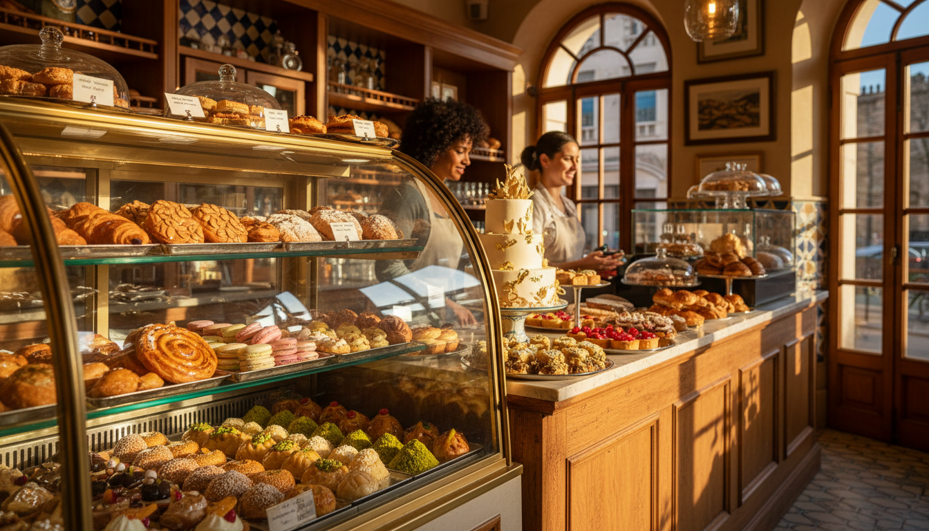 Sunlit artisan pastry shop counter and display cases showcasing French and Moroccan handcrafted pastries and custom cakes Sunlit artisan pastry shop counter and display cases showcasing French and Moroccan handcrafted pastries and custom cakes