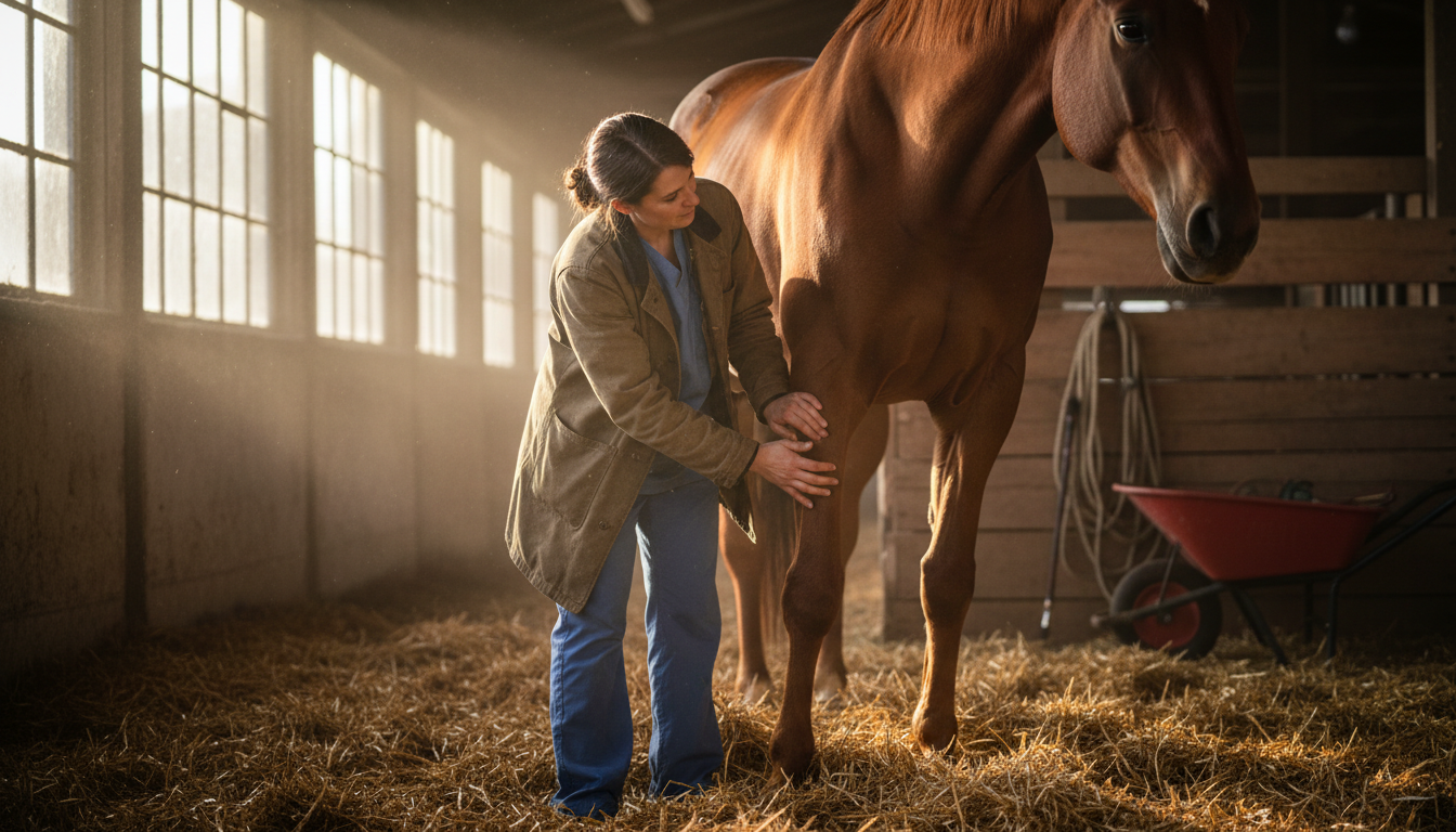 Veterinarian in scrubs examining a horse's leg in a sunlit barn with natural light and straw bedding visible