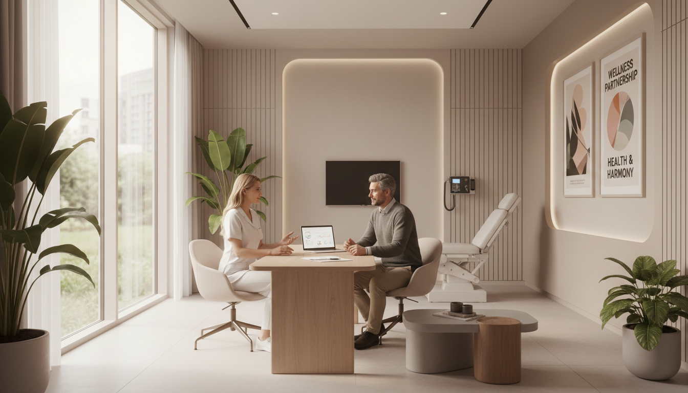 Startup funding allows new practitioners to focus on patient care from day one. A medical professional in a lab coat consulting with a patient in a bright, modern reception area of a new clinic.