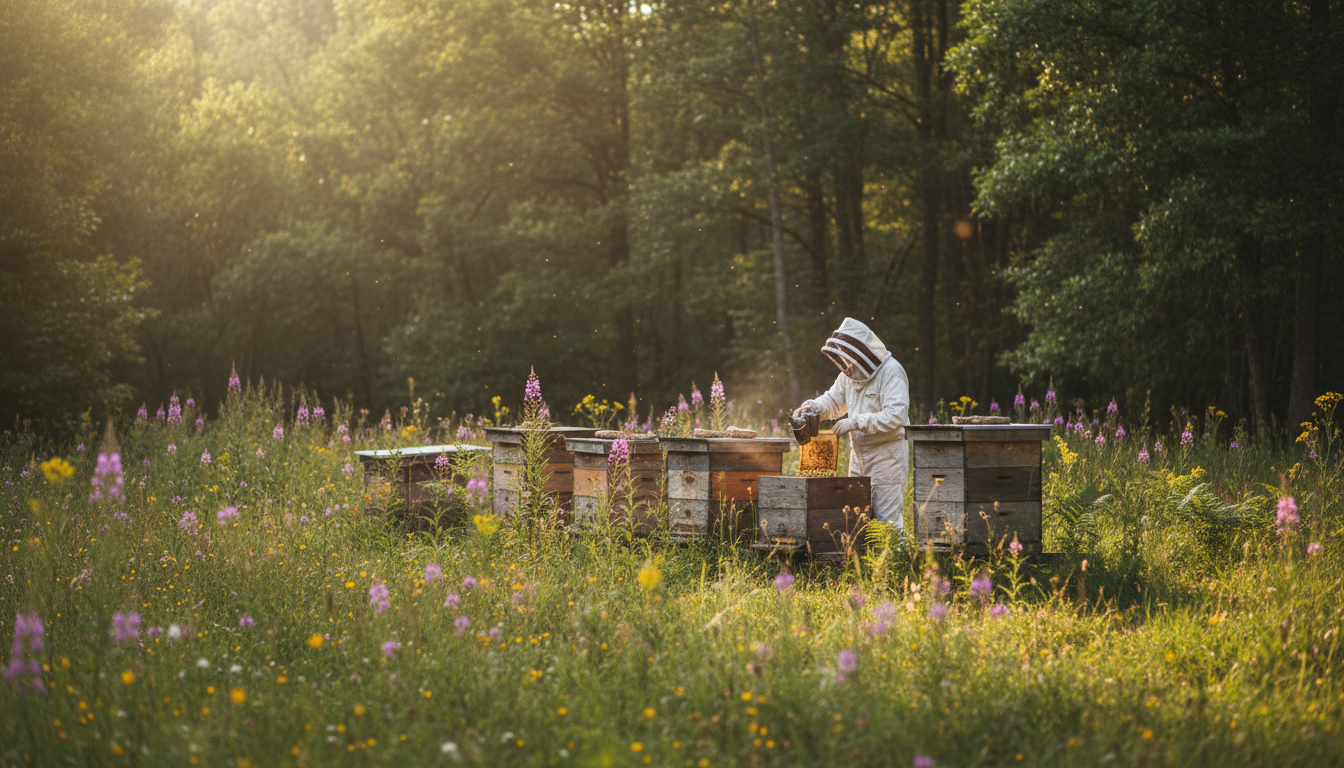Beekeeper in protective suit tending traditional wooden hives in sunlit forest clearing surrounded by wildflowers and natural vegetation Beekeeper in protective suit tending traditional wooden hives in sunlit forest clearing surrounded by wildflowers and natural vegetation