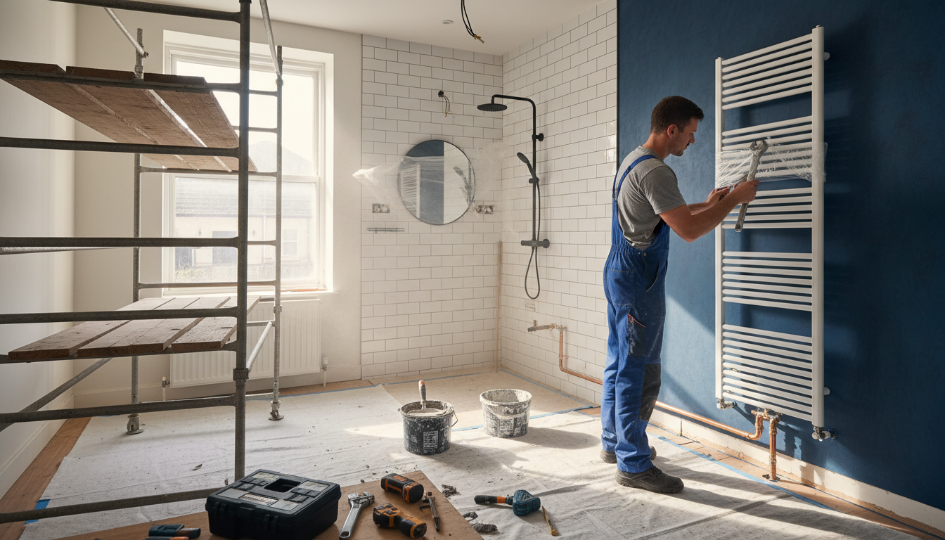 Professional plumber installing new radiator during comprehensive bathroom renovation with modern fixtures and tile work Professional plumber installing new radiator during comprehensive bathroom renovation with modern fixtures and tile work