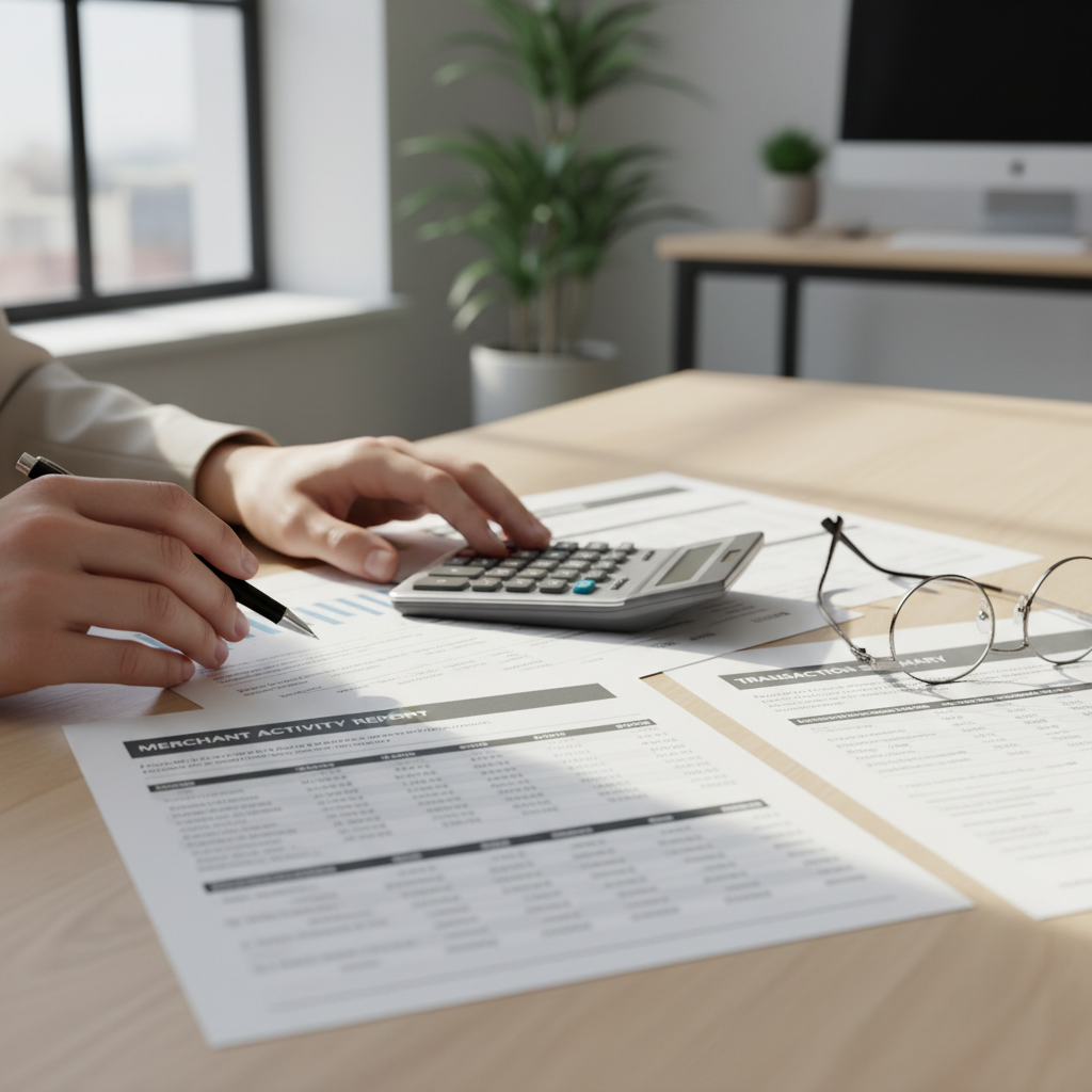 Small business owner's hands reviewing payment processing statements and invoices on a wooden desk with natural light Small business owner's hands reviewing payment processing statements and invoices on a wooden desk with natural light