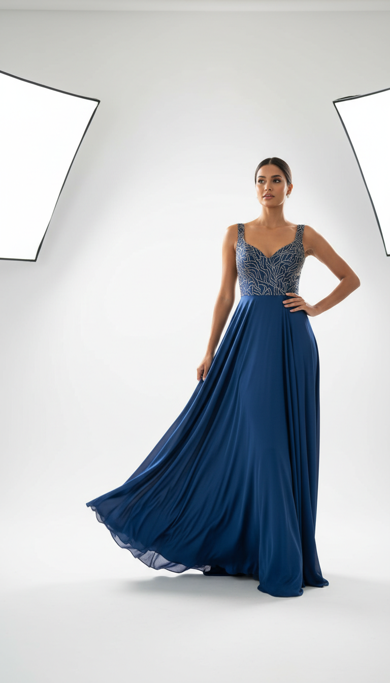 Woman in full-length luxury gown with draped fabric and embroidered details, standing confidently in minimalist studio setting