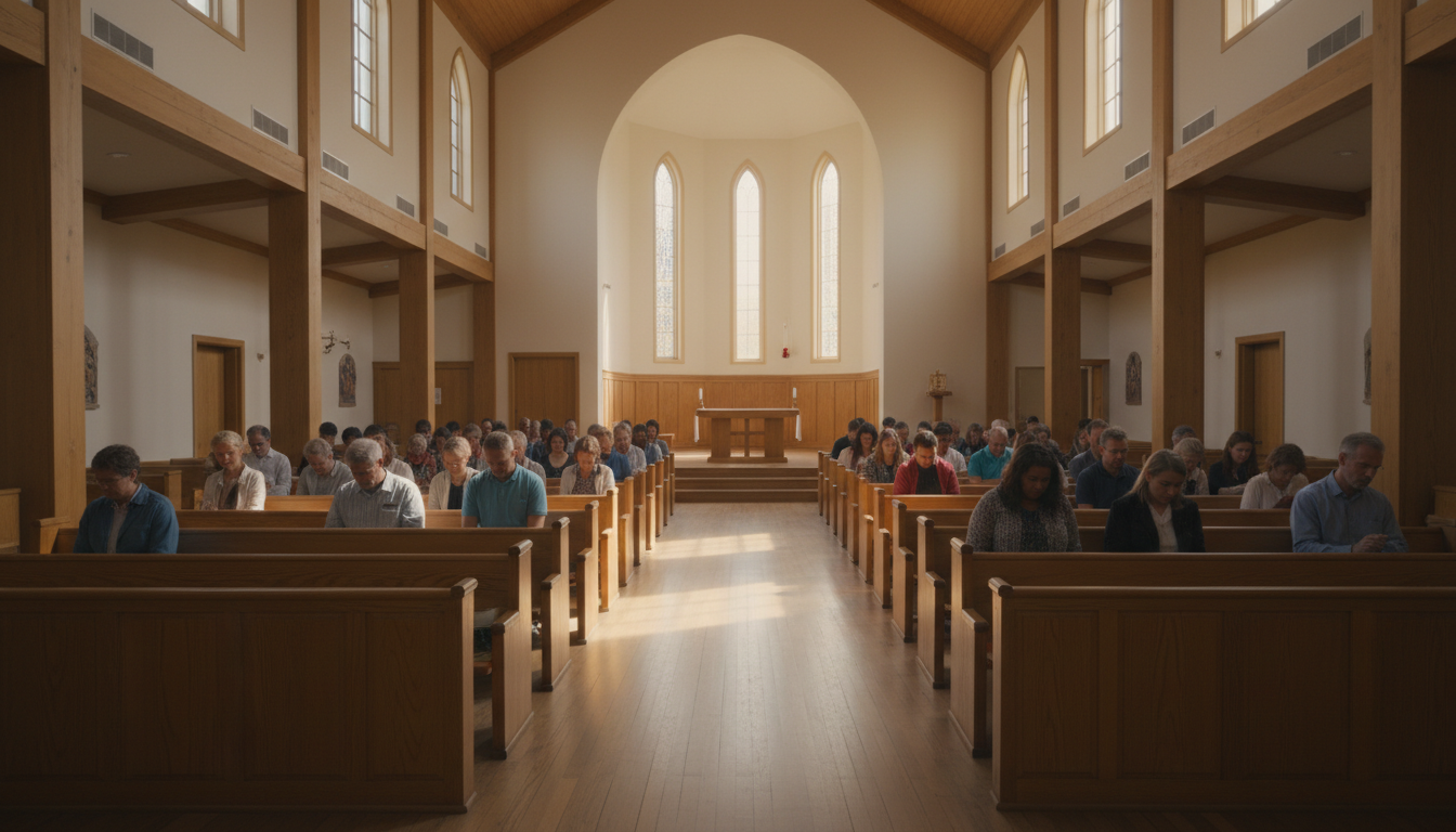 Peaceful church interior sanctuary with diverse congregation seated in wooden pews during spiritual service with natural light Peaceful church interior sanctuary with diverse congregation seated in wooden pews during spiritual service with natural light