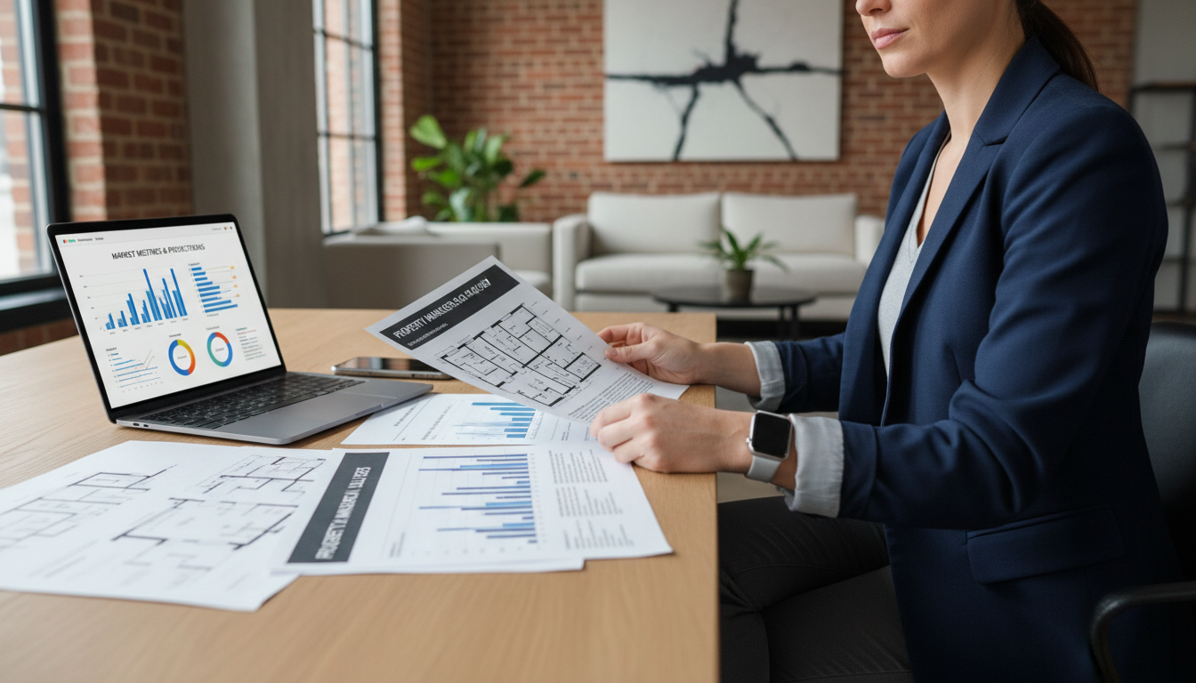 Real estate investor reviewing property analysis documents and market data at modern office desk with laptop
