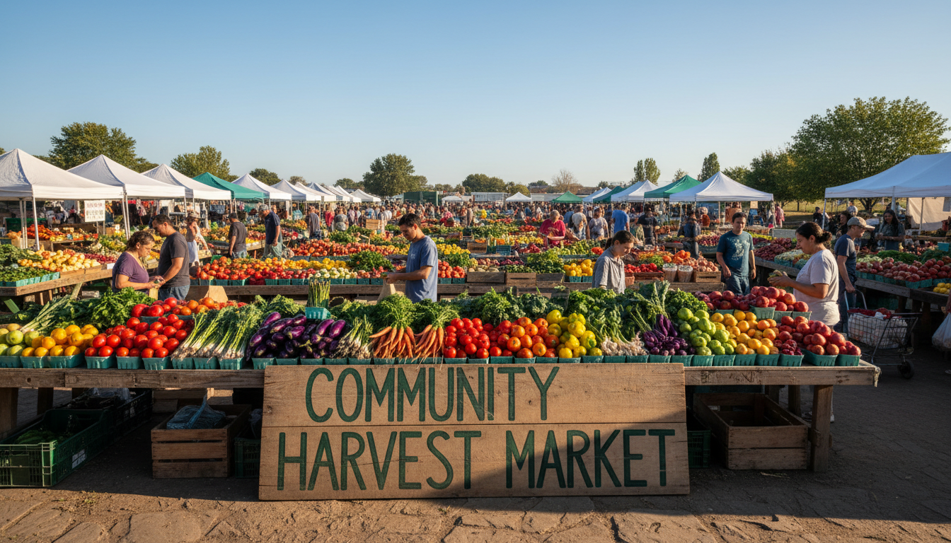 Bustling open-air farmers market with abundant fresh produce displays and diverse shoppers selecting seasonal vegetables and fruits Bustling open-air farmers market with abundant fresh produce displays and diverse shoppers selecting seasonal vegetables and fruits