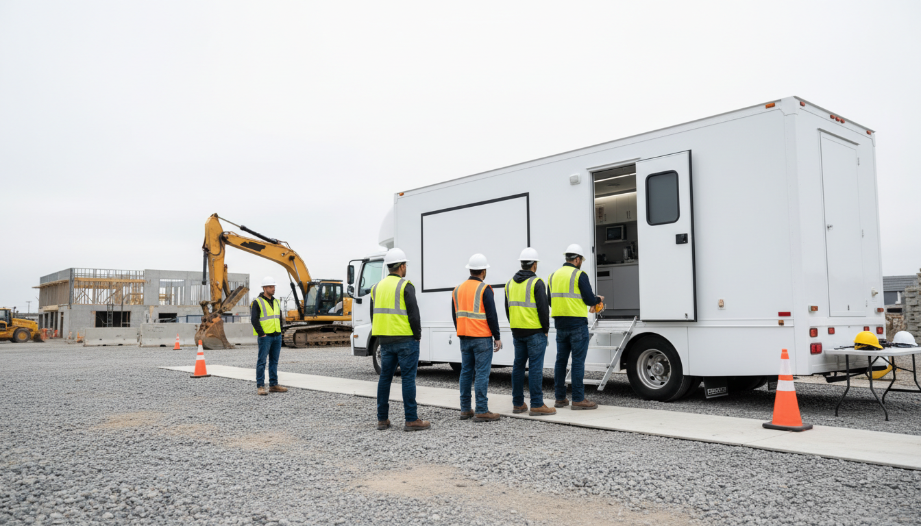 Mobile drug testing unit parked at construction job site with workers waiting for on-site specimen collection screening