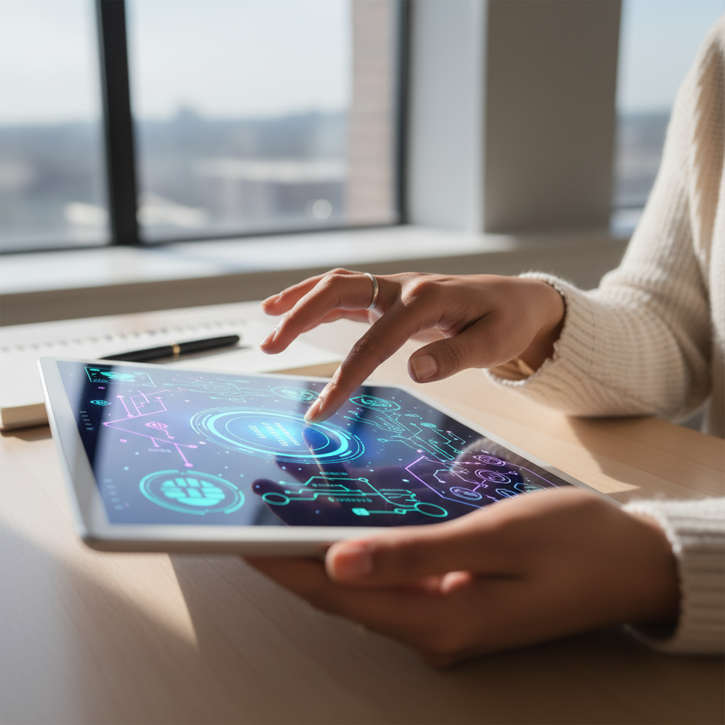 Tutor's hands demonstrating AI concepts on tablet with neural network visualizations in bright, contemporary learning space Tutor's hands demonstrating AI concepts on tablet with neural network visualizations in bright, contemporary learning space
