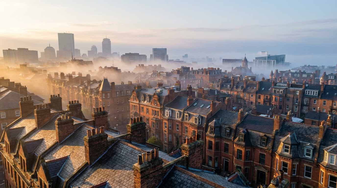 Aerial view of London historic roofscape at golden hour with Victorian chimneys, layered building facades, and misty distant skyline. Aerial view of London historic roofscape at golden hour with Victorian chimneys, layered building facades, and misty distant skyline.