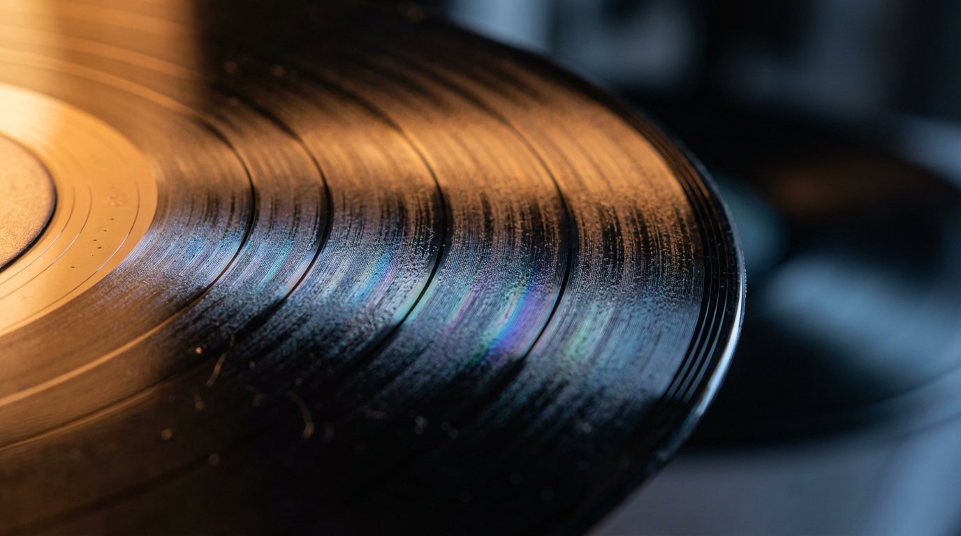 Vinyl record grooves in close-up with dramatic lighting, metallic reflections, and sharp geometric shadows.