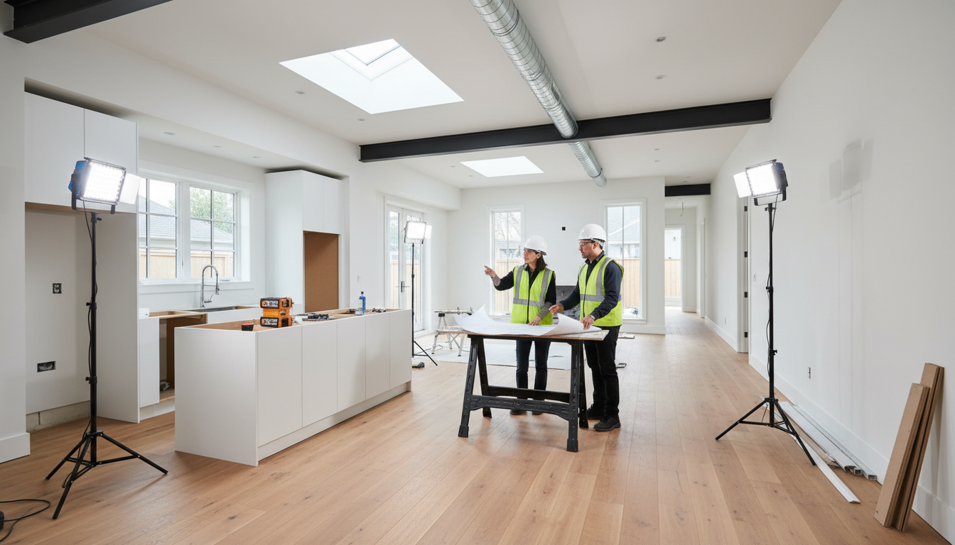 Diverse contractors discussing renovation plans in spacious residential interior with new flooring, cabinetry, and natural skylighting